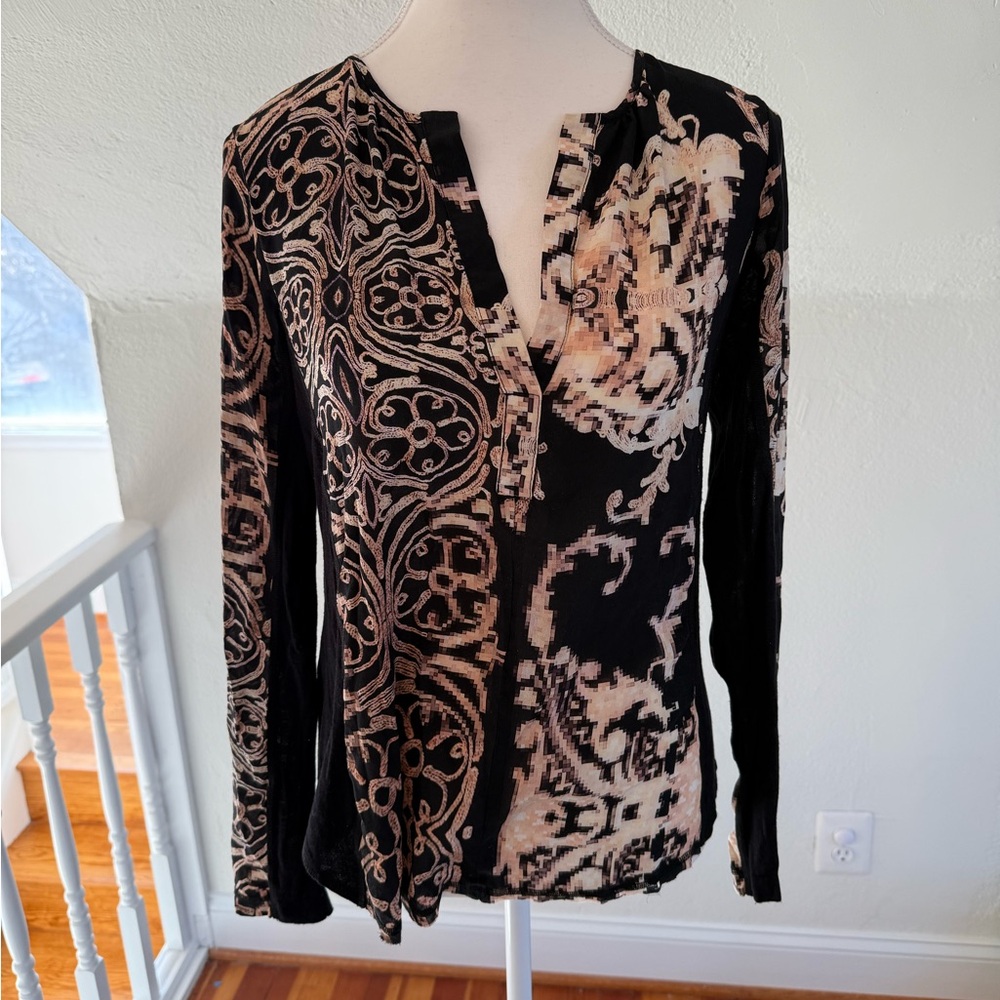 Nanette Lepore Black, Pink and Cream Patterned Blouse Size Medium